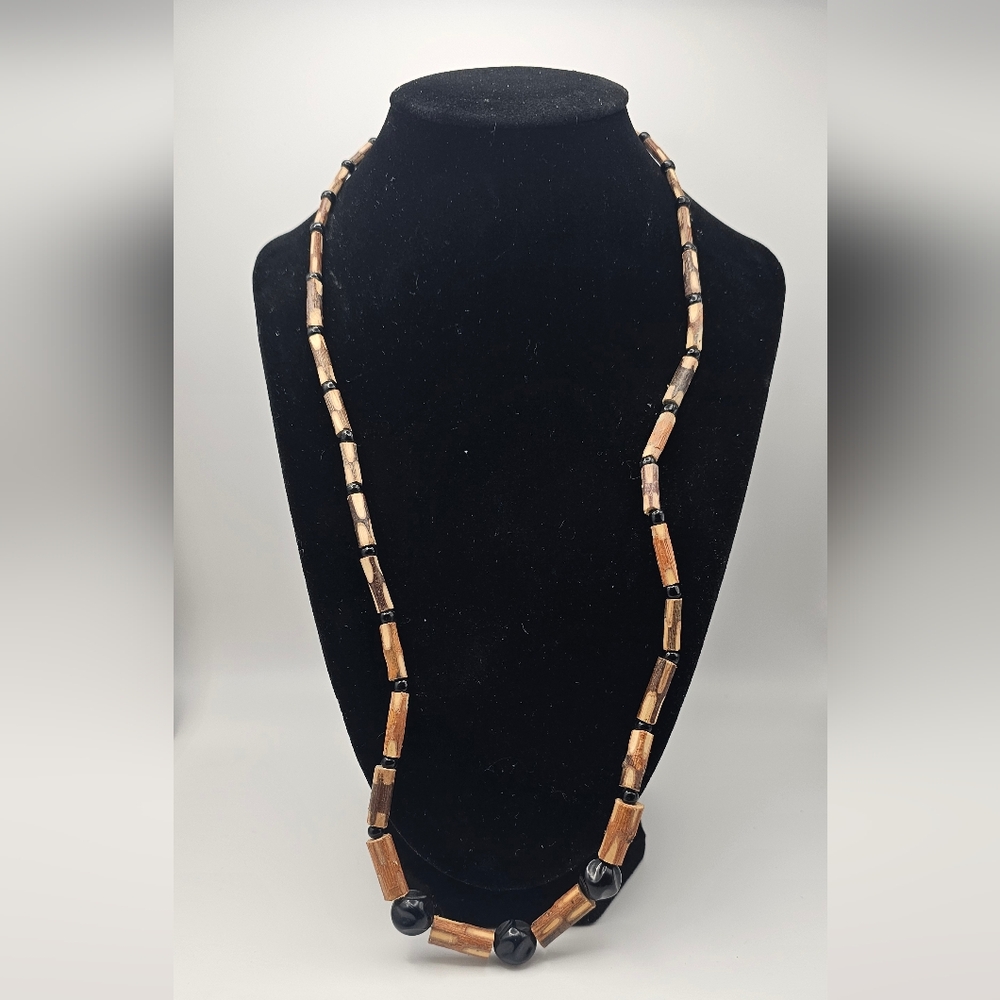 VINTAGE One of a kind wood and black headed necklace. Real wood